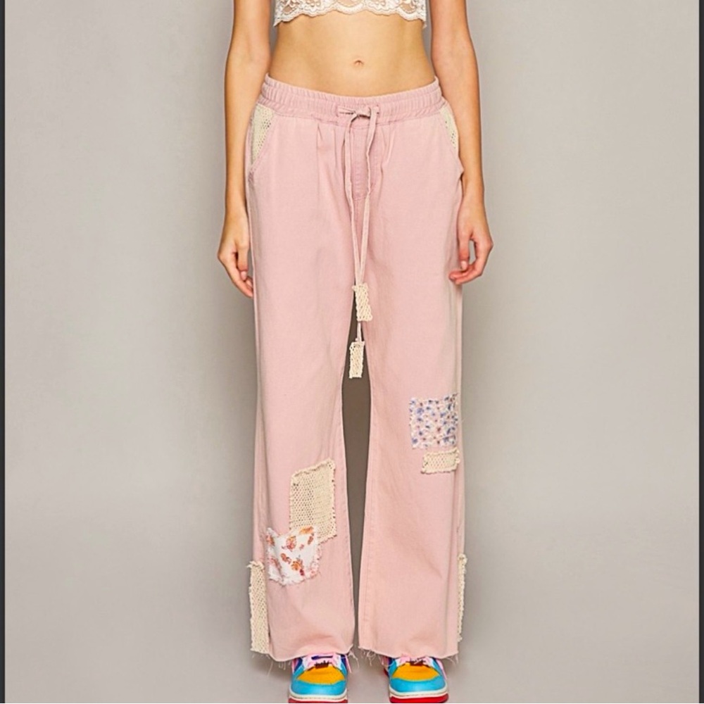 PRICE DROP POL pink vintage patchwork denim drawstring waist pants